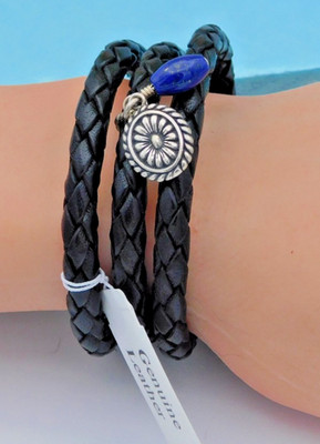 New Carolyn Pollack Sterling Black Leather Lapis Lazuli Charm Wrap Bracelet