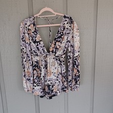 Free People Nova Romper Size XS Women Boho Floral Linen Blend Pocket Long Sleeve