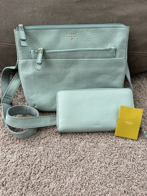 Fossil Pebbled Leather Crossbody Bag Robins Egg Blue RFID Wallet Zip Around Set