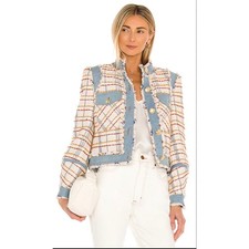 Veronica Beard Nilaja Cropped Jacket in Multi Plaid Size 6 Denim Trim EUC