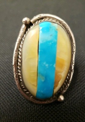 NATIVE VINTAGE STERLING SILVER MOTHER OF PEARL & TURQUOISE SIZE 9 UNISEX RING.