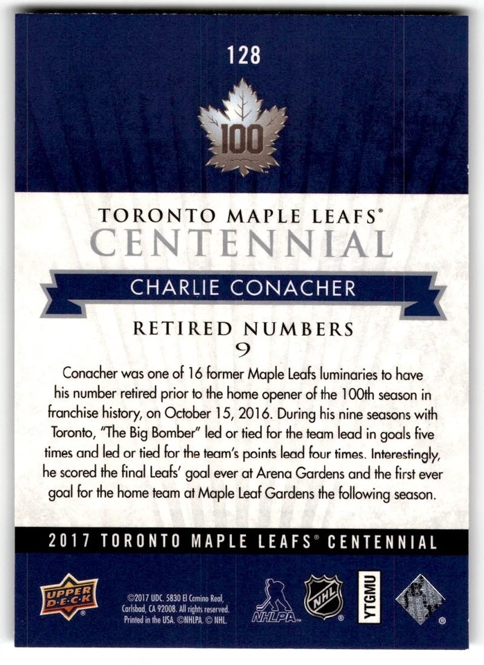 Charlie Conacher 2017-18 Upper Deck Toronto Maple Leafs Centennial SP #128 - Image 2 of 2