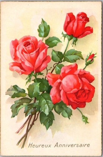 c1910s French HAPPY BIRTHDAY Postcard "Heureux Anniversaire" Pink Roses / UNBENUTZT