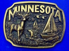 Minnesota State Sailboat Deer Hunting Vtg. Solid Brass Heritage Mint Belt Buckle