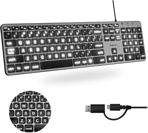 Macally Wired Keyboard for Mac (USB C + A) - Large Print and Backlit for Apple -