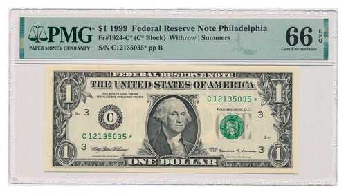 Billet ÉTATS-UNIS 1 $ Philadelphie 1999 billet étoilé * catégorie PMG MS 66 EPQ - Photo 1 sur 2