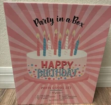 Happy Birthday Cake Party Goods in a Box 43 pieces Banner Candle Plates cups