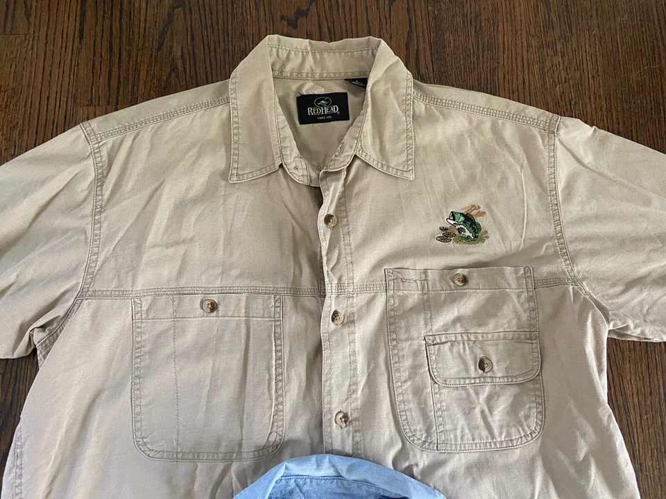 RedHead Fishing Shirts L Camping Chambray Khaki Bass Blue Beige EUC Lot Of 2 - Image 4 of 4