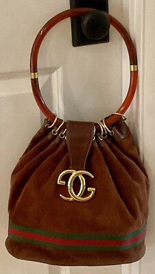 AUTH ICONIC GUCCI SUEDE RED GREEN STRIPE GG DRAWSTRING STYLE