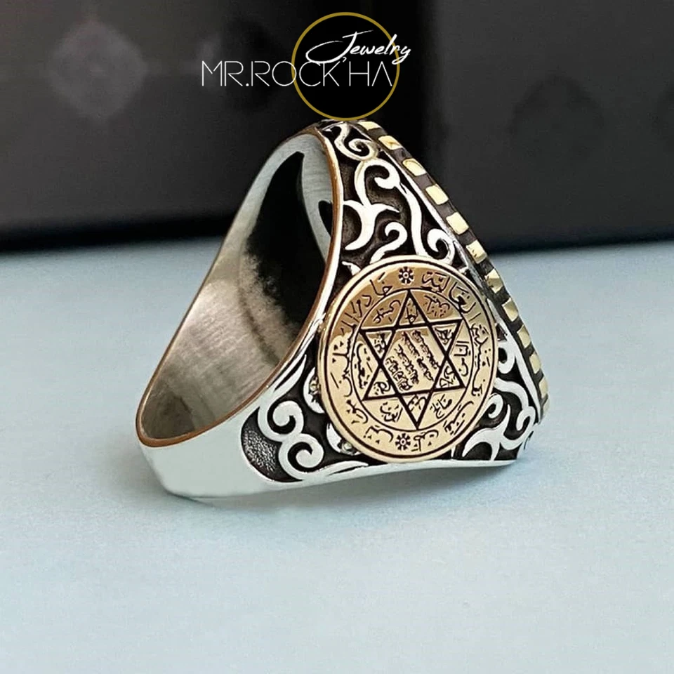 Seal of King Solomon,Red Enamel,Engraving Design,925 Sterling Silver Men's Ring - Image 2 of 4