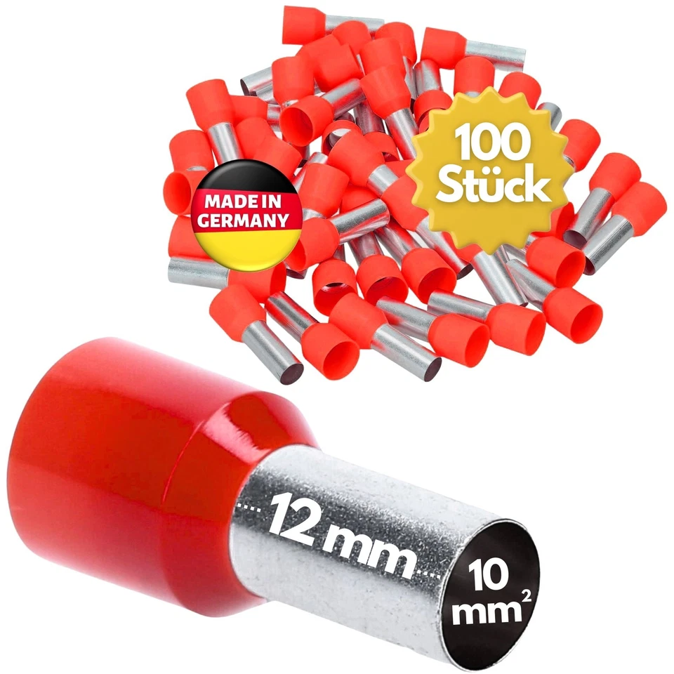 100 Stück Kalitec AE1012RT Aderendhülsen isoliert 10mm² rot 12mm Kupfer Endhülse - Bild 1 von 1