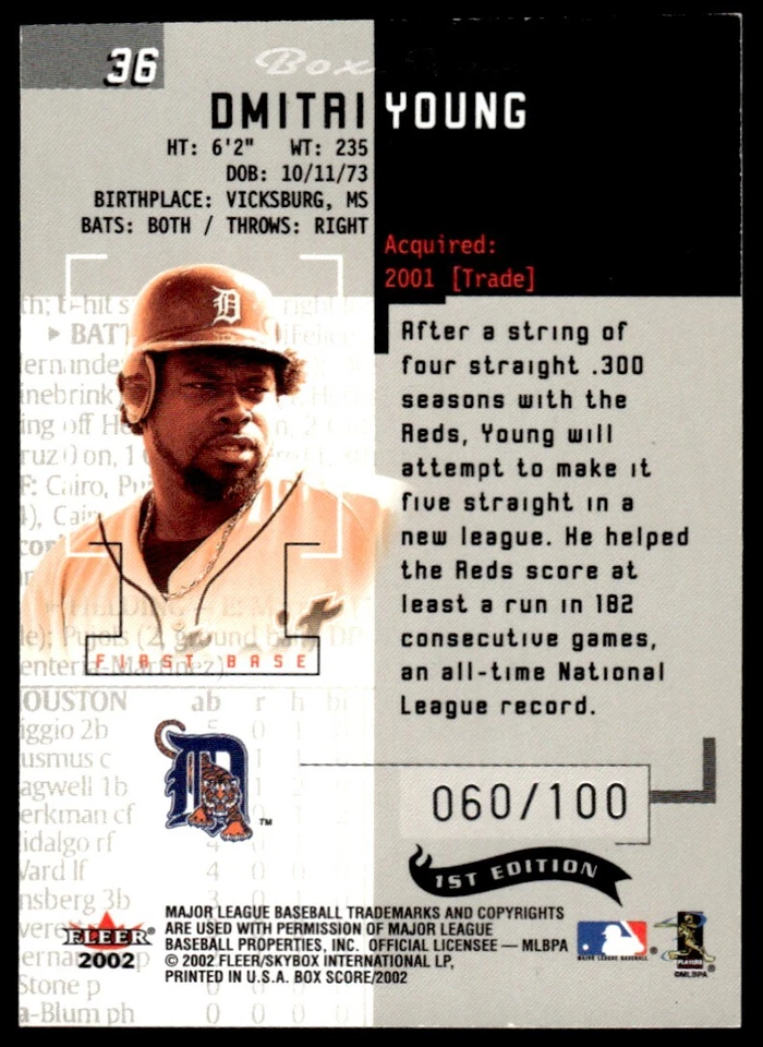 2002 Fleer Box Score First Edition Dmitri Young 060/100 Detroit Tigers #36 - Image 2 of 2