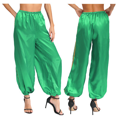 DE Frauen Silky Satin Bauchtanz Pumphose Gold Trim Loose Laterne Hose Kostüm