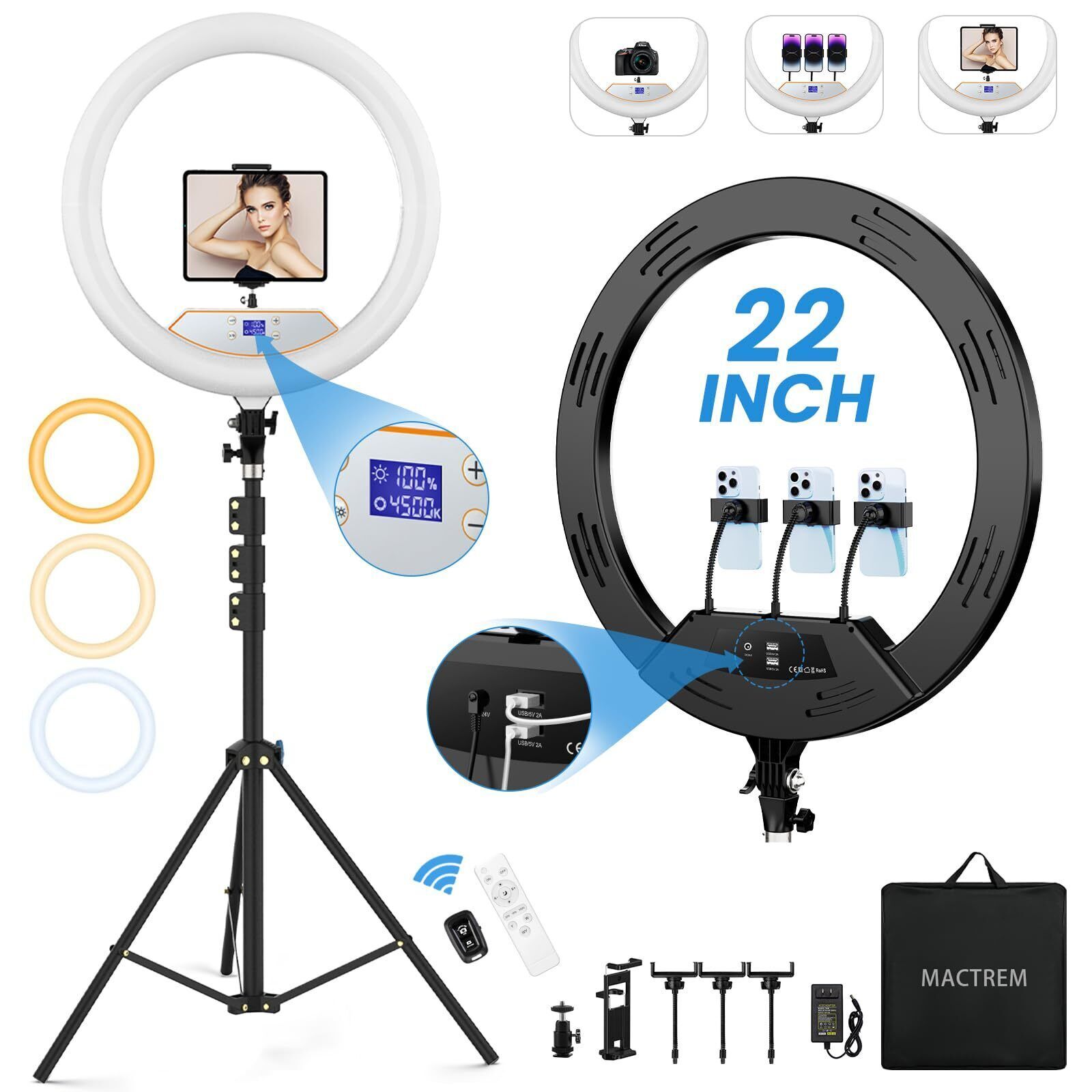 22'' Ring Light with 75'' Tripod Stand 6500K Dimmable Ring Light-image