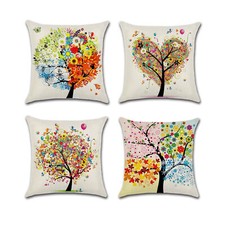 Set of 4 Pillow Covers 18x18, Colorful Tree Heart Design Linen Fabric 45x45cm