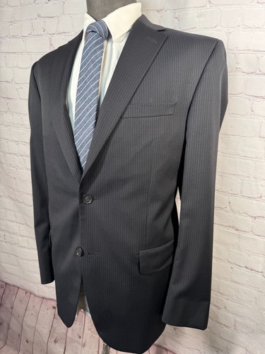 JACK VICTOR Mens Black Stripe Wool Flat Front 2pc Suit 42R Jacket 38x31 Pant - Picture 3 of 13