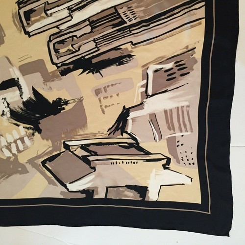 33" X 34" Square Silk Scarf Tokyo Metropolis Black Beige Cream Abstract Skyline - Picture 3 of 8