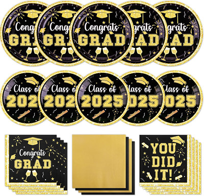 2025 Graduation Party Supplies Tableware Set, 200 Pcs Black and Gold Graduation 