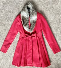 Bebe Lined Flare Coat Faux Fur Removable Collar Button Closure Xs Red Uk 4 To 6