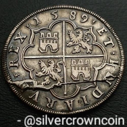 SCC Spain Kingdom 8 Reales 1589 Segovia Mint .931 Silver Crown coin. Philip II. - Picture 4 of 7