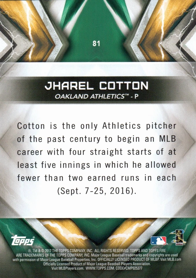 2017 Topps Fire # 81 Jharel Cotton Oakland Athletics - Image 2 of 2