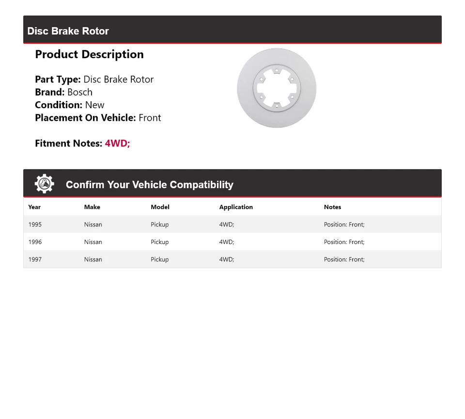 Para camioneta Nissan 1995-1997 4x4 Bosch QuietCast disco freno rotor delantero 1996 Foto 2 de 4