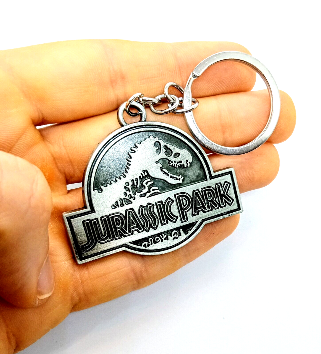 JURASSIC PARK KEYCHAIN Silver Classic Dinosaur Movie Film