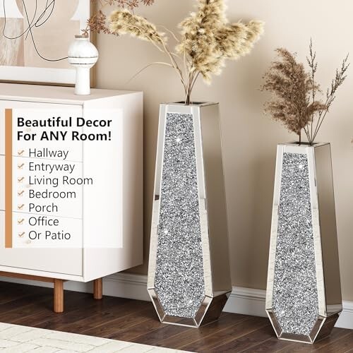 Crushed Diamond Tall Floor Vase Large Silver Mirror Crystal Tall Vases 24 Inches - Picture 3 of 6