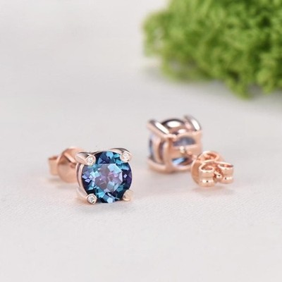 2 kt rund geschliffene Alexandrit-Solitär-Ohrstecker Damen 14 K Gold-Finish