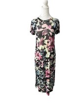 Steve Madden Womens Size M Nola floral SS maxi Bodycon dress Black Pink Sheer