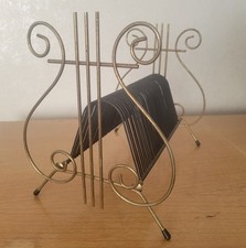 VTG 45 Vinyl Record Holder Gold Black Metal Rack Harp Lyre Music Letter Holder