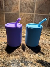 WeeSprout Silicone Baby Cups, Straws and Lids, 4-8 oz Set of 2 with straw brush