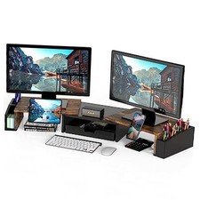 Desk Dual Monitor Stand Riser with Drawer Rustic Brown