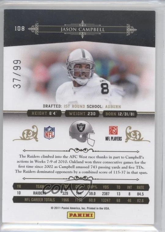 2010 Playoff National Treasures /99 Jason Campbell #108 - Image 2 of 2