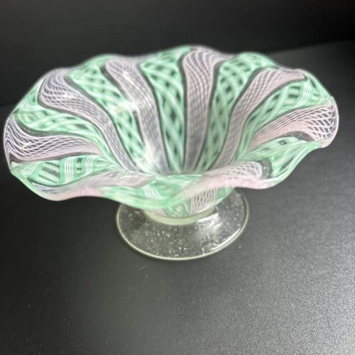 Vintage Murano Latticino Ribbon Blown Glass Decorative Pastel Dish MCM Italy