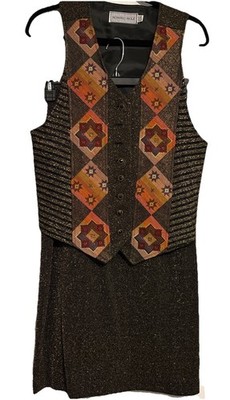 VTG Funky 80 s Geometric  Southwest Inspired Shimmering Print Vest & Skirt Set