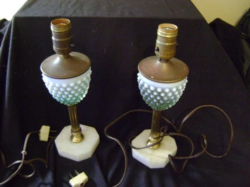 Fenton Blue Opalescent Hobnail dresser/nightstand Lamp base glass pair