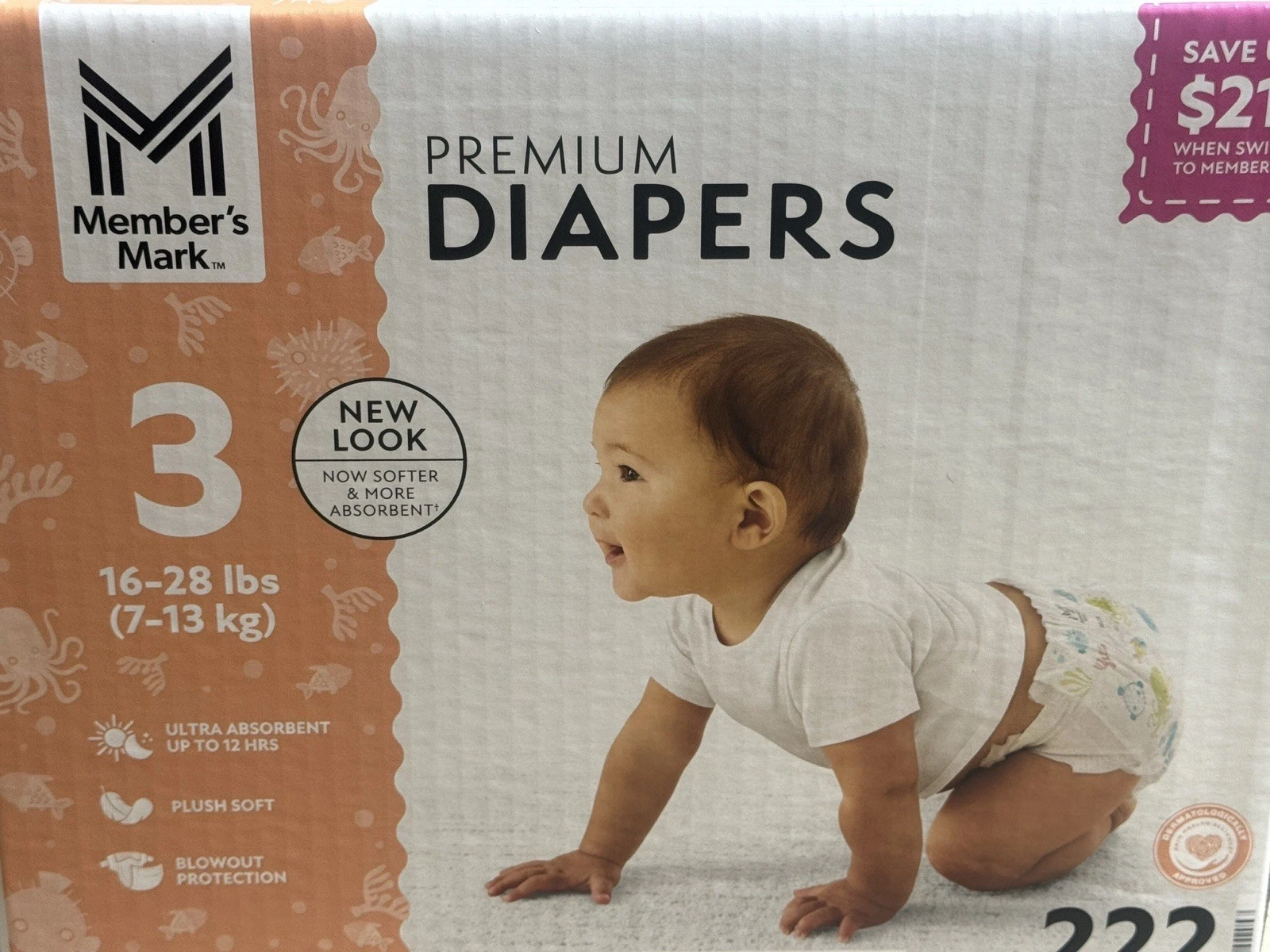 Member's Mark Premium Diapers, Hypoallergenic, Size 3 (16-28lbs.), 222 Count