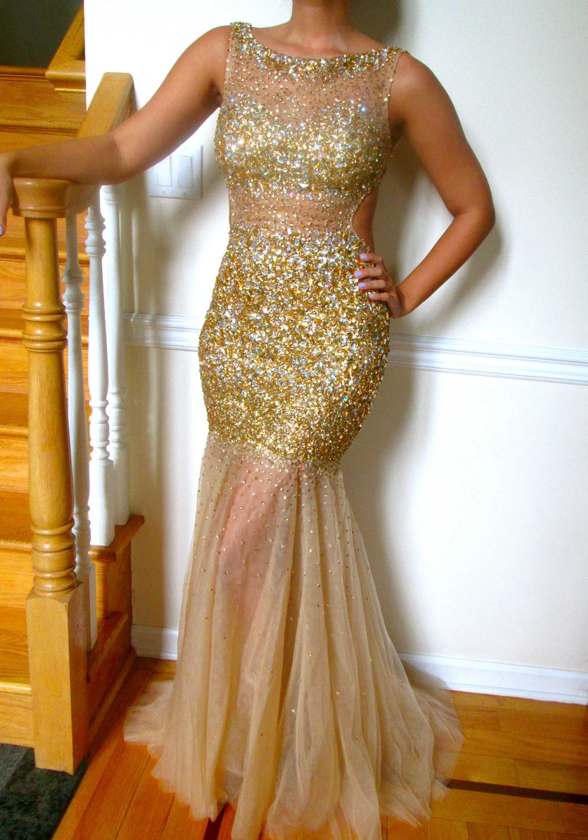 JOVANI 171100 GOLD Long Gown Dress Formal Pageant Prom Sz 8