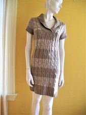 NWT Sz M PINK ROSE Cable Knit Sweater Mini DRESS Sheath Stripe Tan White NEW