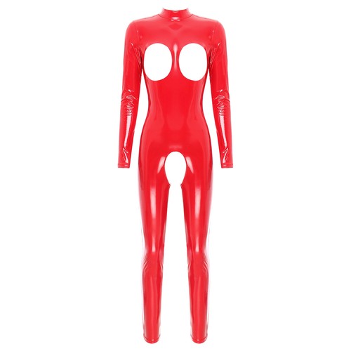 Damen Catsuit Wetlook Offenem Brust Schritt Overalls mit Reißverschluss Clubwear - Bild 6 von 39