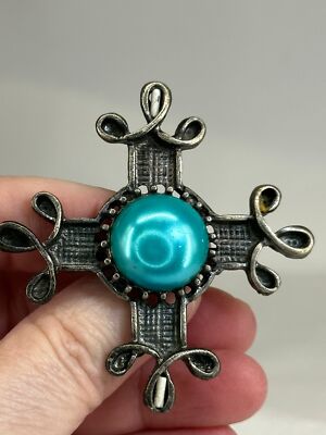 Celtic Cross Turquoise Cabochon Enter Very Old Vintage Silver Brooch Pin  M-5255