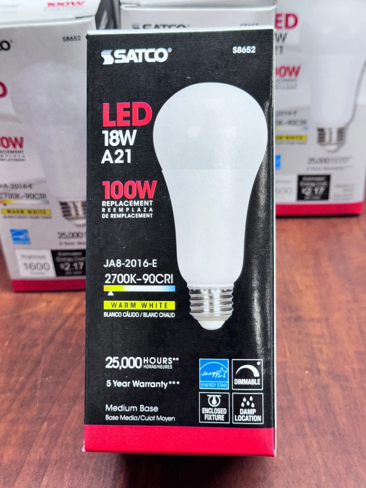 6 Pack Satco S8652 1600Lm 18W = 100W A21 Dimmable LED Warm White 90CRI Med E26 - Image 4 of 4