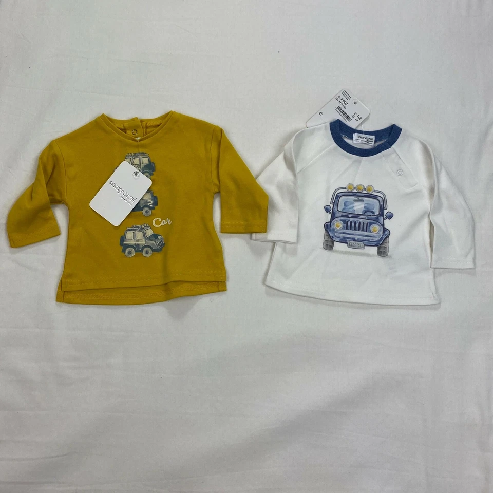 NUEVO CON ETIQUETAS Mayoral Boutique Bebé Niños 1 - 2 Meses Manga Larga Camiseta CARS Conjunto de 2 Foto 3 de 4
