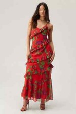 Nasty Gal Red Multi Floral Ruffle Tiered Chiffon Maxi Dress Sz 10 Fairycore