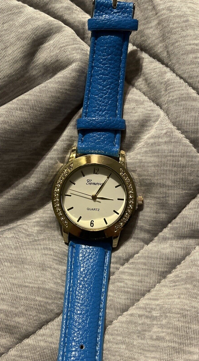 Geneva Gold Tone Dial Round Crystal Accent Case Faux Blue  display picture 3