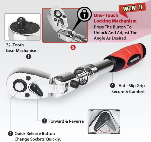 FIRSTINFO F3222NC 3/8-Inch Drive Locking & Flexible Extendable Ratchet Wrench Re - Picture 2 of 12