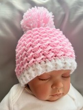 Brand New hand made crochet baby hat ,baby pink and white, pom pom  3-6 months