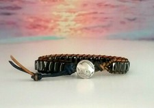 Gift Men's Unisex 2 Toned Tan / Blue Leather Bracelet Black Magnetic Hematite