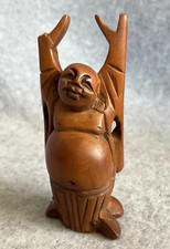 Vtg Hand Carved Wood Happy Laughing Arms Raised Buddha Figure Statue 3" "Read"